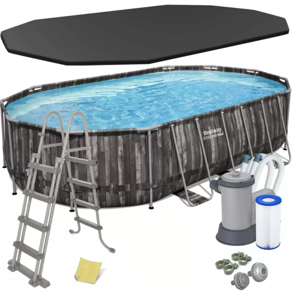 Piscina cu cadru, BESTWAY Steel Pro Max, 610 x 366 x 122cm, capacitate 20241 l, cadru otel, pereti tripli PVC si poliester, cu scara, pompa, filtru, negru/gri Piscina cu cadru, BESTWAY Steel Pro Max, 610 x 366 x 122cm, capacitate 20241 l, cadru otel, pereti tripli PVC si poliester, cu scara, pompa, filtru, negru/gri